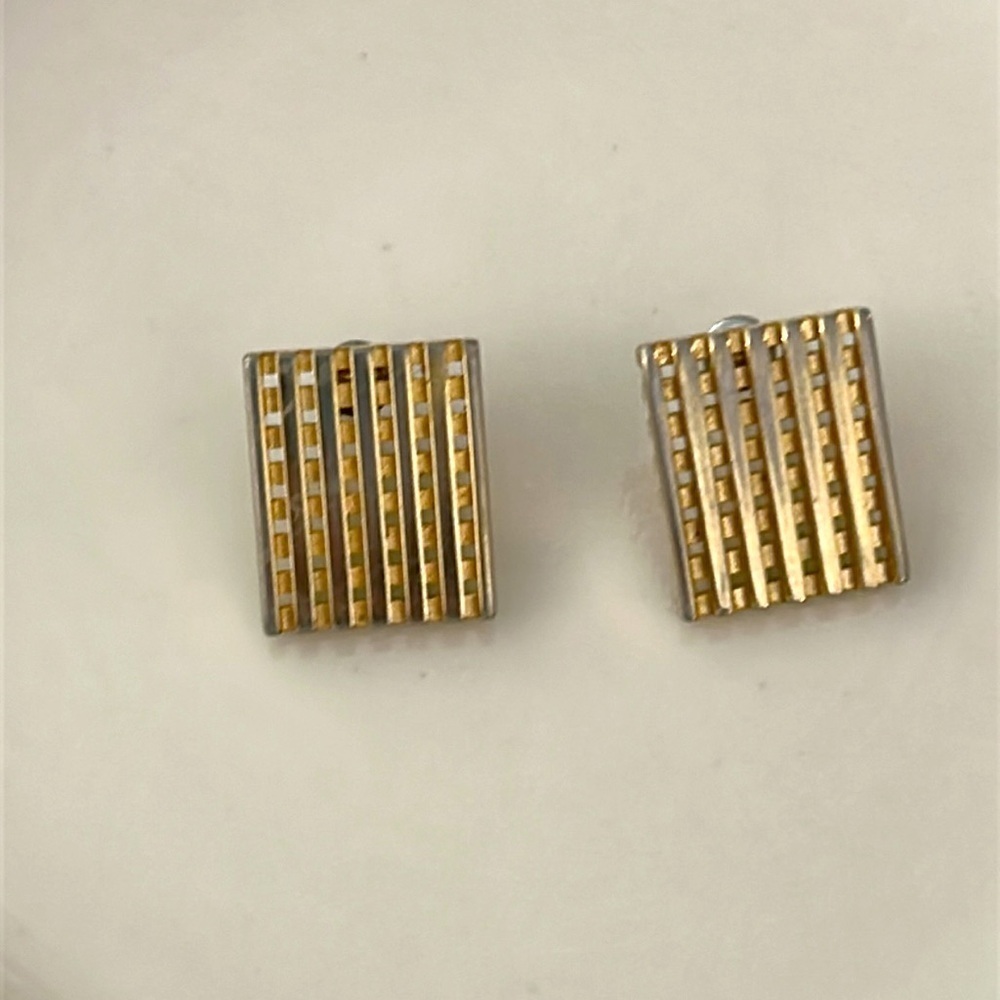 Gold Square Block Striped Earrings Vintage - Picture 2 of 4